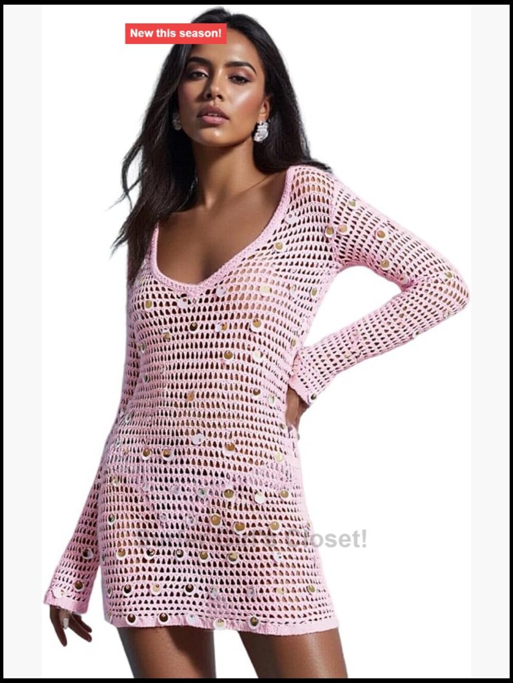 Women's Sequin Knit Mini Dress V Neck Long Sleeve Cutout Glitter Dress Party